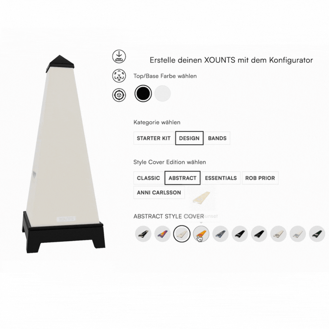 Animiertes GIF des XOUNTS Konfigurators für das 360°-Sound-System, welches individuelle Anpassungen wie Beleuchtung, Style-Cover und Farben zeigt und ermöglicht – perfekt für ein persönliches Klangerlebnis im XOUNTS Design