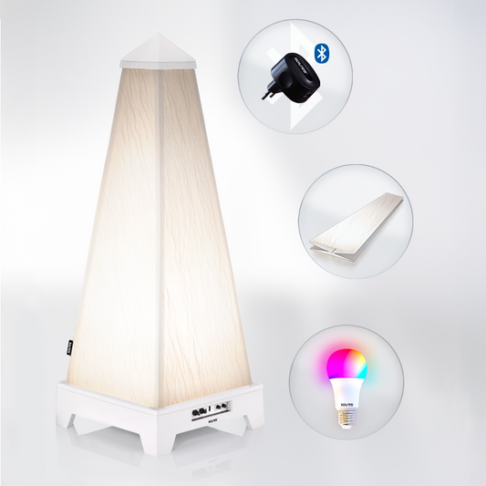 XOUNTS Starterkit mit weißer Basis, inklusive der Zubehörteile: Pure Glow Style Cover für einen eleganten, modernen Look, WIFI LED-Glühbirne für stimmungsvolle Beleuchtung und Bluetooth-Modul für kabelloses Musikstreaming. Dieses All-in-One-Sound- und Lichtsystem ist perfekt, um jeden Raum mit hochwertigem Klang und individuell anpassbarer Beleuchtung aufzuwerten