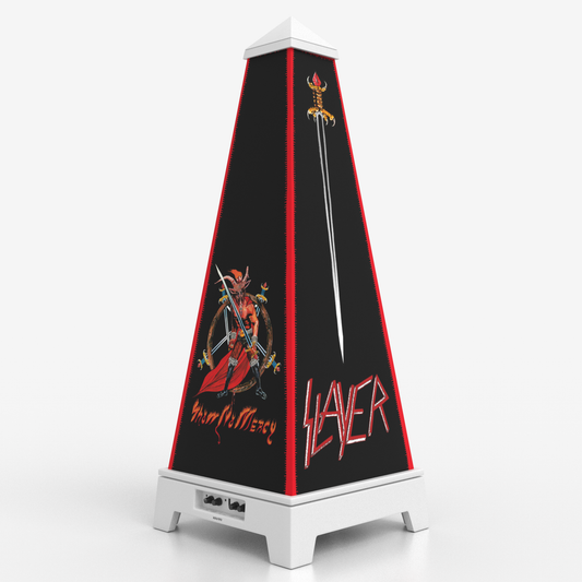 XOUNTS Soundsystem Slayer Edition – No Mercy Style Cover in Weiß, 360° Sound, LED-Licht, offizielles Slayer Artwork