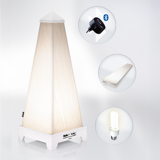 XOUNTS Starterkit mit weißer Basis, inklusive der Zubehörteile: Pure Glow Style Cover für einen eleganten, modernen Look, energieeffiziente LED-Glühbirne für stimmungsvolle Beleuchtung und Bluetooth-Modul für kabelloses Musikstreaming. Dieses All-in-One-Sound- und Lichtsystem ist perfekt, um jeden Raum mit hochwertigem Klang und individuell anpassbarer Beleuchtung aufzuwerten