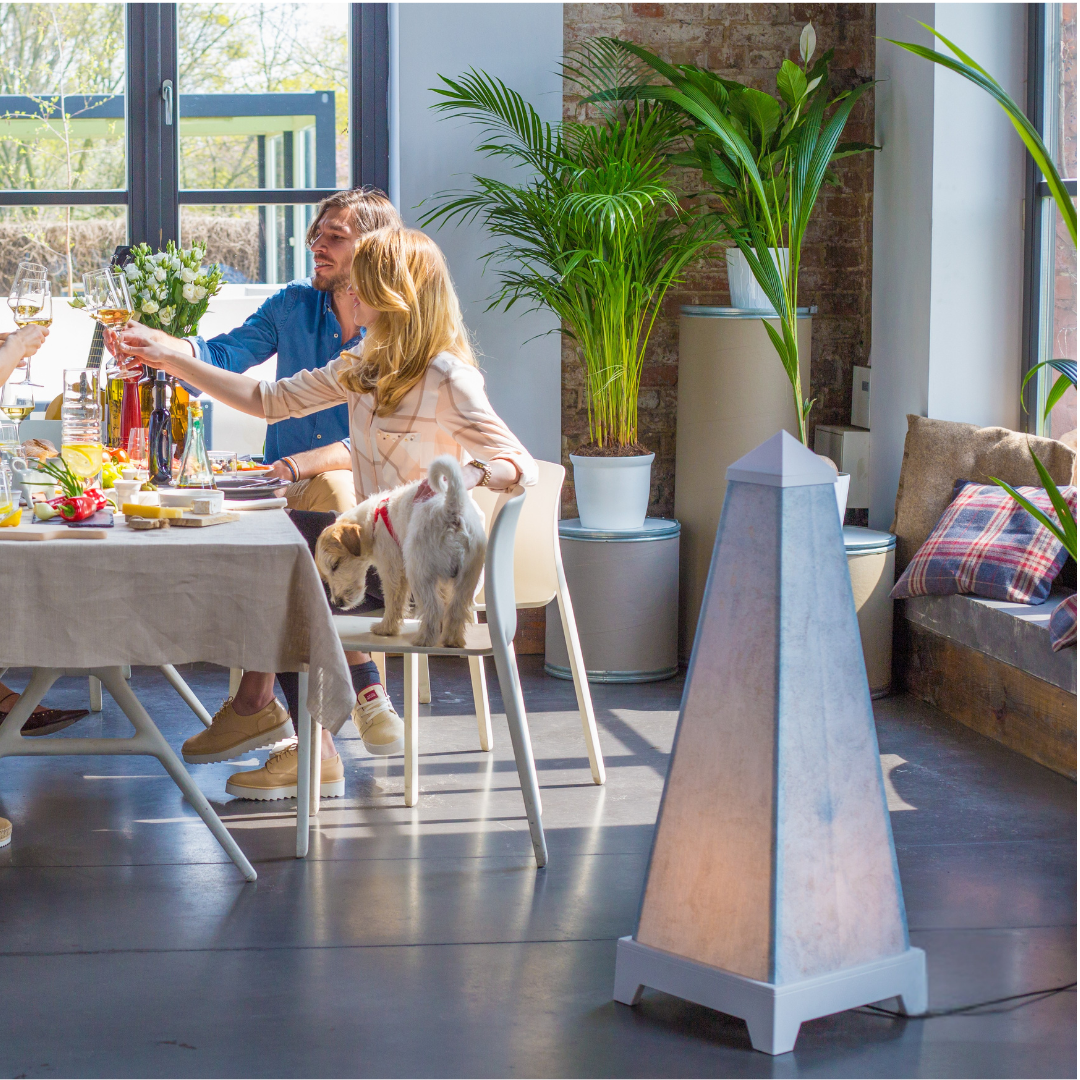 Ein gemütliches Esszimmer-Loft-Szenario, in dem mehrere Menschen an einem Tisch sitzen und auf ein gemeinsames Ereignis anstoßen. Ein Hund sitzt neben einer Frau, die lächelt und ein Glas erhebt. Ein XOUNTS Soundsystem in Pyramidenform steht prominent im Vordergrund und fügt sich harmonisch in die stilvolle Einrichtung ein.