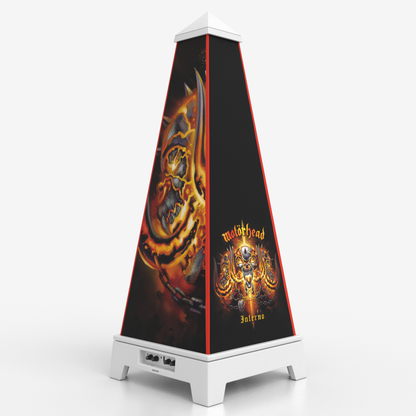 XOUNTS Soundsystem Motörhead Edition – Inferno Style mit feurigem Motörhead „Inferno“-Design, War-Pig Flammenmotiv, weiße Base, 360° Sound System mit LED-Ambiente-Licht